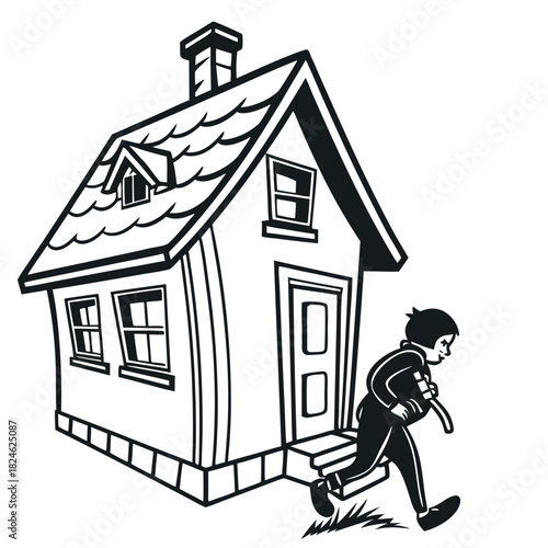 Black and White Drawing of Boy Running Out of House - Leaving Home Concept