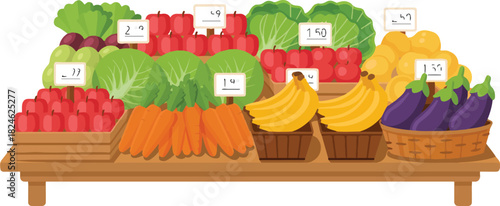 Assortment of Fresh Fruits and Vegetables On Wooden Shelves At Supermarket or Farmers Market Vector Art