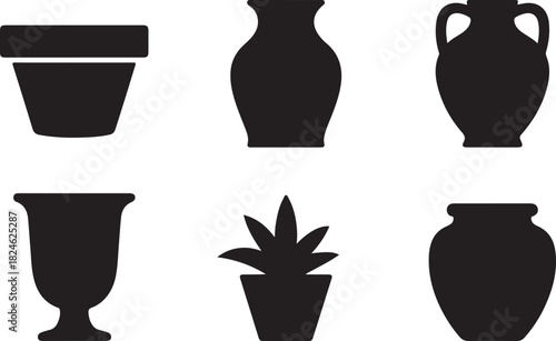 Collection of Six Black Silhouettes of Various Pottery and Plant Pots on a White Background