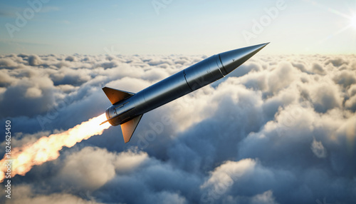 missile attacks airplane flying over the clouds 