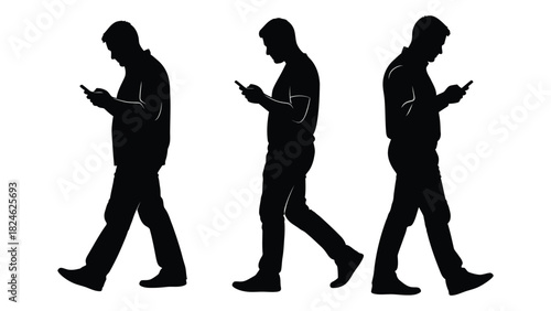 Silhouettes of men walking and using smartphones isolated on white background, Vector