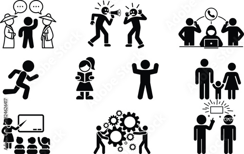 Diverse stick figure icons representing various human activities and concepts.