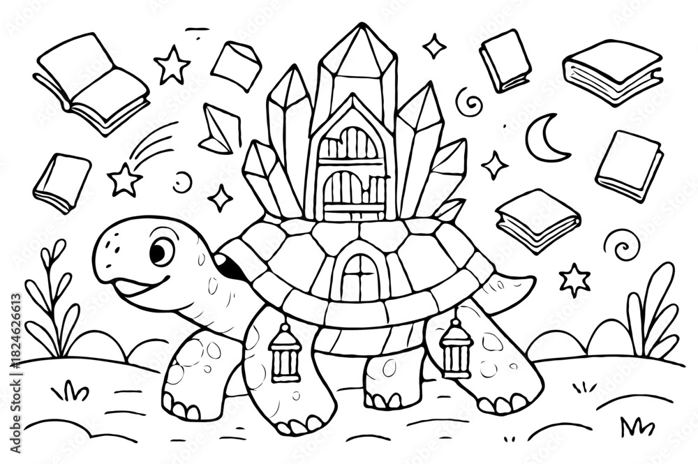 Obraz premium Turtle Library Castle Coloring Page Books Reading Education Fantasy Learning Adventure Educational Activity Sheet