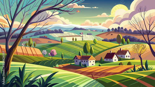 Very beautiful rural landscape scene with open farmland, rolling fields, leafless early-spring trees, and a windswept sky, capturing the feeling of a blustery March afternoon in a calm countryside set