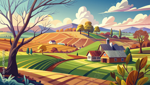 Very beautiful rural landscape scene with open farmland, rolling fields, leafless early-spring trees, and a windswept sky, capturing the feeling of a blustery March afternoon in a calm countryside set