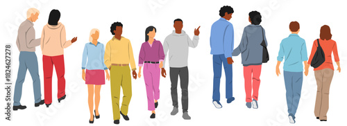 Set of men and women, young people walking and talking, vector silhouettes of friends, profile, front and back views, different colors, cartoon character, flat icon, design concept, isolated on white 