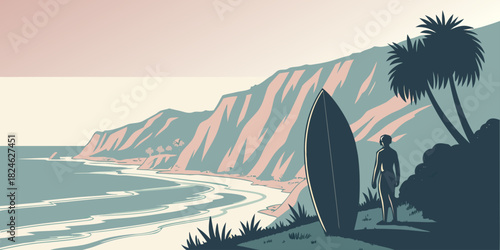 Malibu coastal cliffs surfboard silhouette