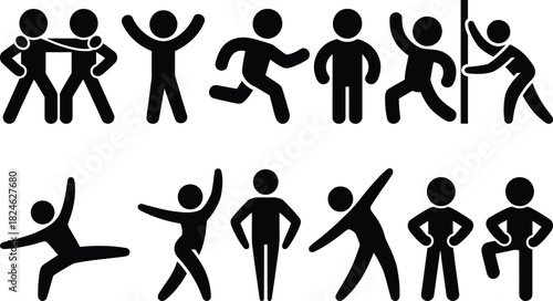 Collection of black stick figures demonstrating various actions