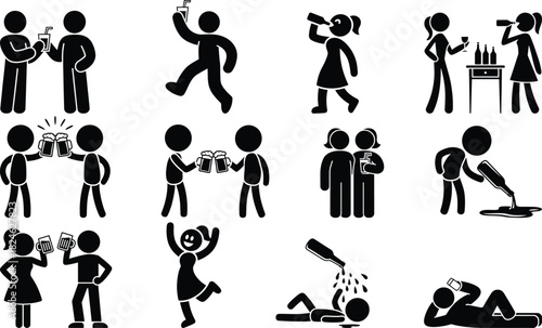 Stick figures illustrate various stages of alcohol consumption