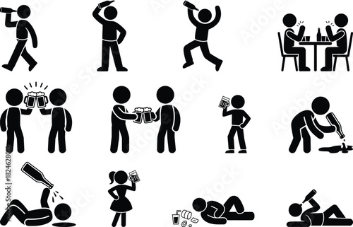 Stick figures drinking alcohol, enjoying party, and getting drunk