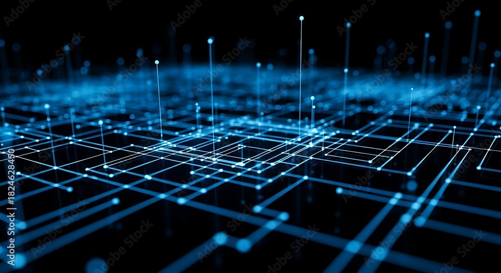 Obraz premium Abstract glowing blue digital network grid with connections and data flow