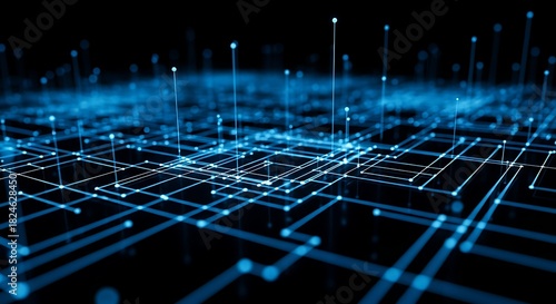 Abstract glowing blue digital network grid with connections and data flow