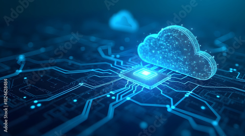 A glowing digital cloud icon hovering above a microchip, symbolizing cloud computing and technology.