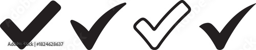 Four Black Check Mark Icons in Various Styles on a White Background tick correct