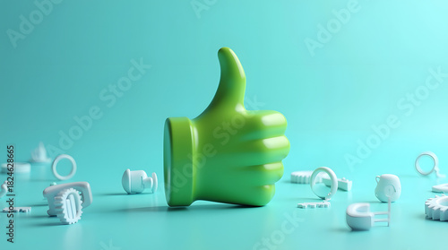 A vibrant green thumbs-up icon against a soft turquoise background, surrounded by playful white 3D objects.