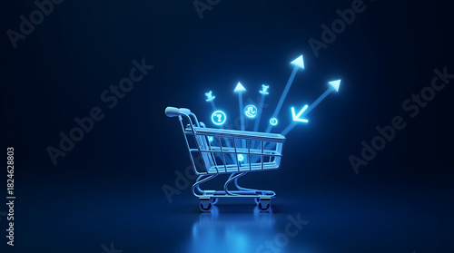 A glowing blue shopping cart with upward and downward arrows, symbolizing e-commerce growth and market dynamics.