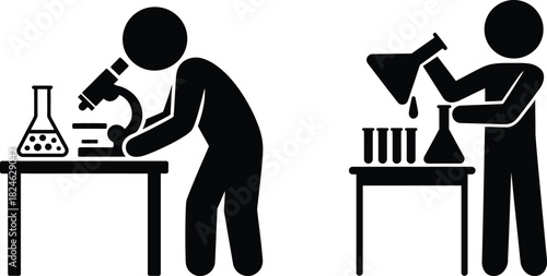 Scientists conducting lab experiments, using microscope, pouring