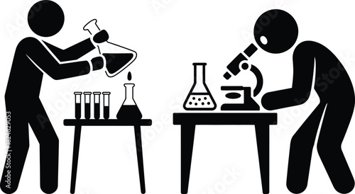 Scientists doing laboratory research with chemicals and microscope