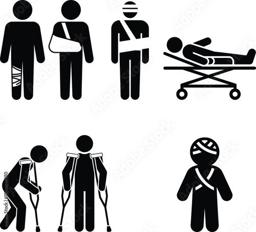 Medical injury, first aid, recovery, and patient care stick figures.