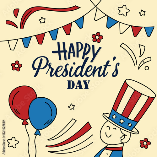 Happy Presidents Day Banner and Background with USA Flag and Text Vector Illustration