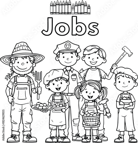 Coloring page with children in different jobs