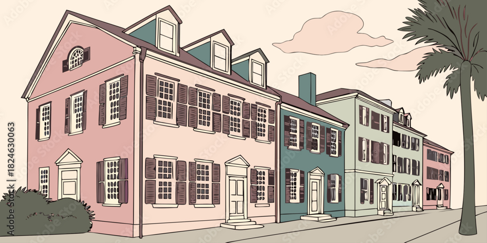 Obraz premium Charleston Rainbow Row pastel vector