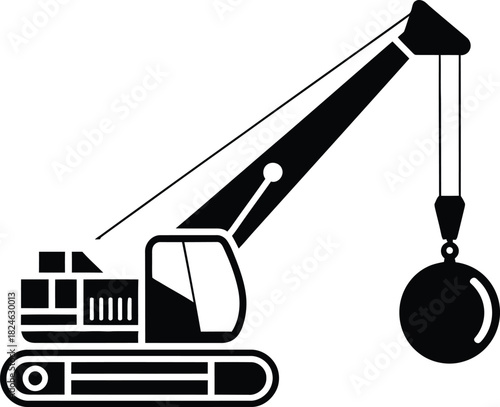 Demolition crane with wrecking ball, heavy machinery icon symbol