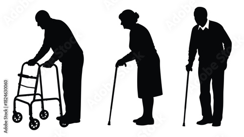 Elderly people with mobility aids silhouettes isolated on white background, Vector