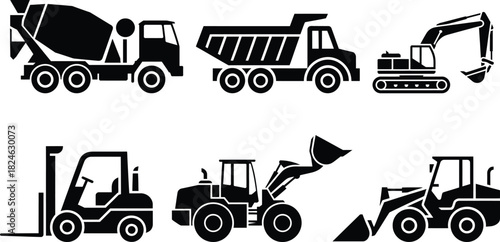 Heavy construction vehicle icons: cement mixer, dump, excavator