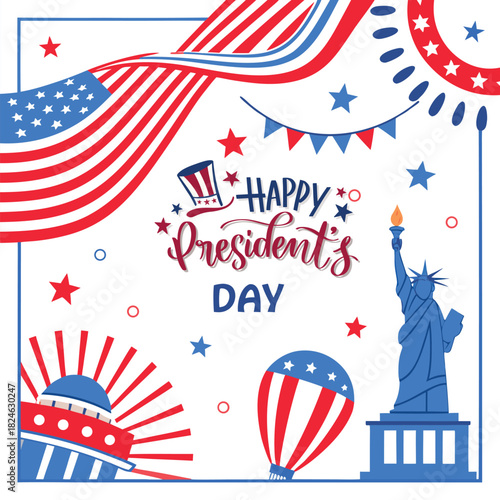 Happy Presidents Day Banner and Background with USA Flag and Text Vector Illustration