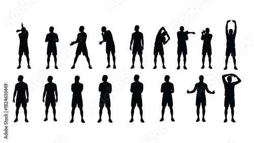 Male stretching and posing silhouettes set isolated on white background, Vector
