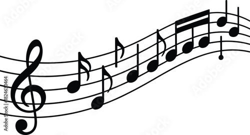 Musical notes on a dynamic curving staff with a musical clef