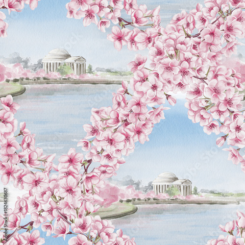 Cherry Blossom Festival in Washington DC. Jefferson Memorial during sakura. Seamless pattern with spring blossoms. Rose petals and a memorial. Watercolor illustration. Hand-drawn.