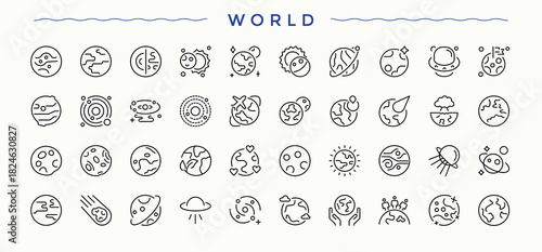 World icon set. Outline symbol collection. Pixel perfect. Editable vector. Astronomy icon set. Featuring astronomy, galaxy, cosmos, space and more.