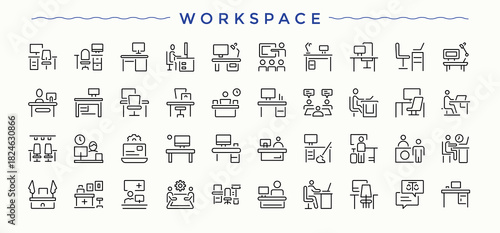 Workspace modern icon set. Includes thin line symbols work place, space, workstation, work and more. Place icon set. Simple line vector icons. Editable vector.