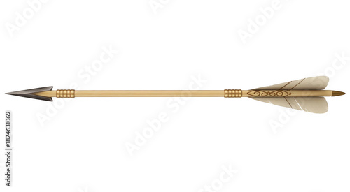 Wooden arrow with metal arrowhead and feathered fletching isolated on a transparent background