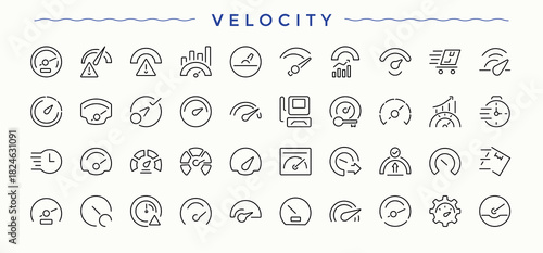 Velocity line icon set. Move icon set. Includes thin line symbols meter, low, performance, fast, movement, motion and more. Vector collections.