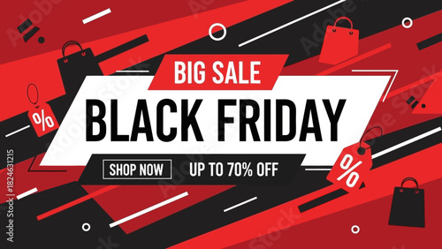 Black Friday Big Sale Banner with Shopping Bags and Discount Tags Up to 70% Off