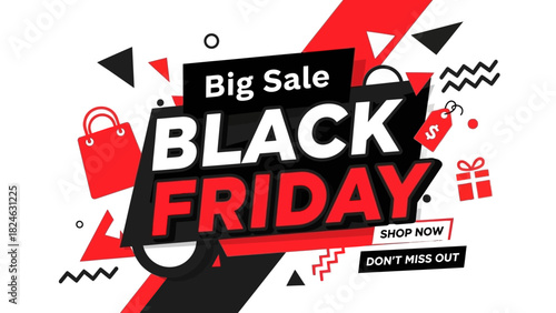 Dynamic promotional banner for a major annual shopping event, featuring abstract geometric shapes and retail icons on a white background