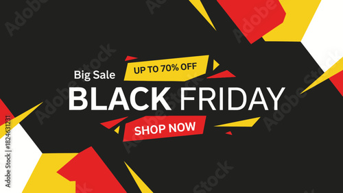 Dynamic advertising banner with a modern geometric design, promoting a major seasonal shopping event with special discount offers