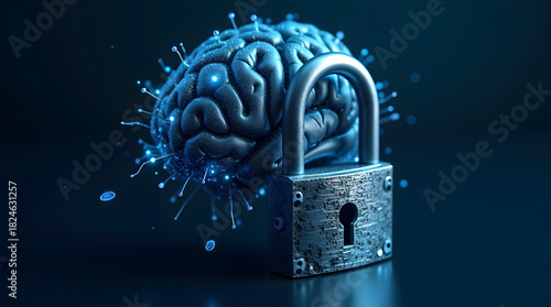 A digital brain locked with a padlock, representing secured knowledge and innovative ideas in technology.