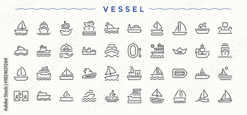 Vessel icon collection. Minimalist icons collection. Marine icon set. Featuring maritime, sea, ship, boat, ocean, shipping and more.