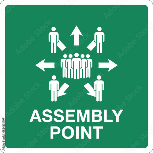 Assembly point sign with people and arrows