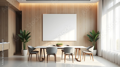 Modern meeting room with wooden accents and indoor plants, featuring a large empty canvas ready for creativity.