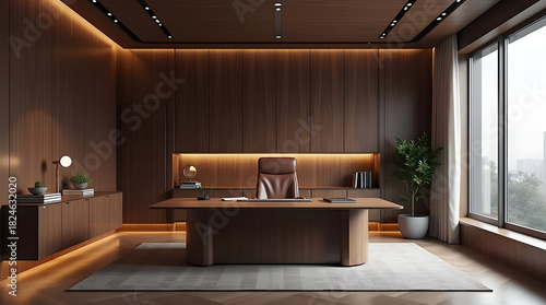 A modern, elegant office space featuring a wooden desk, leather chair, and tranquil atmosphere.