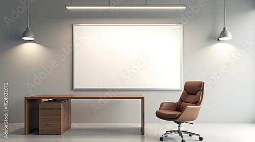 Modern minimalist office featuring a wooden desk, ergonomic chair, and a large blank whiteboard.
