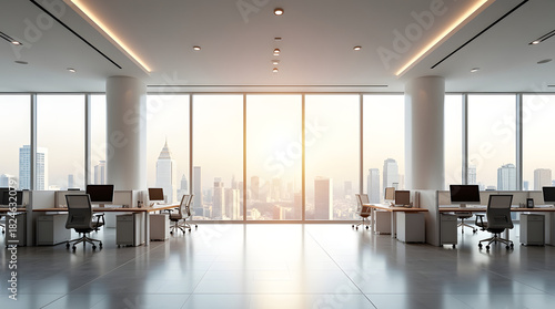 Modern office interior with panoramic city views and sunset lighting, creating a serene and productive atmosphere.