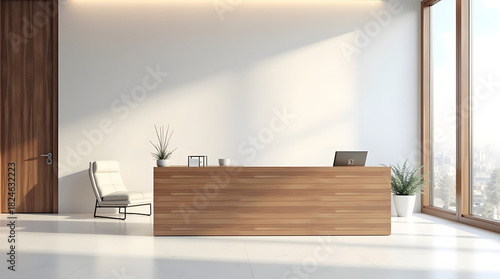 Modern reception area featuring a sleek wooden desk and minimalist decor.