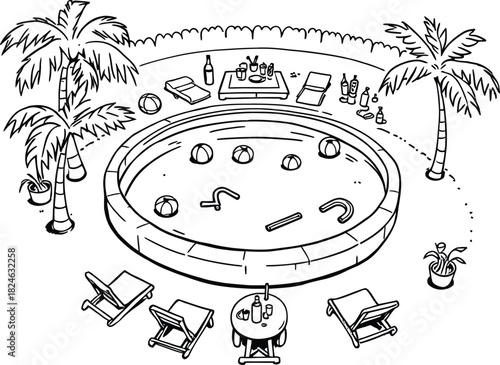 Line art of a pool party with palm trees, lounge chairs, and drinks isolated on white background for coloring book or summer vacation theme
