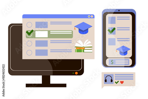 Set of illustrations: e-learning, online courses, distance learning at universities and schools. Computer, phone, dialog box. Flat style illustration.